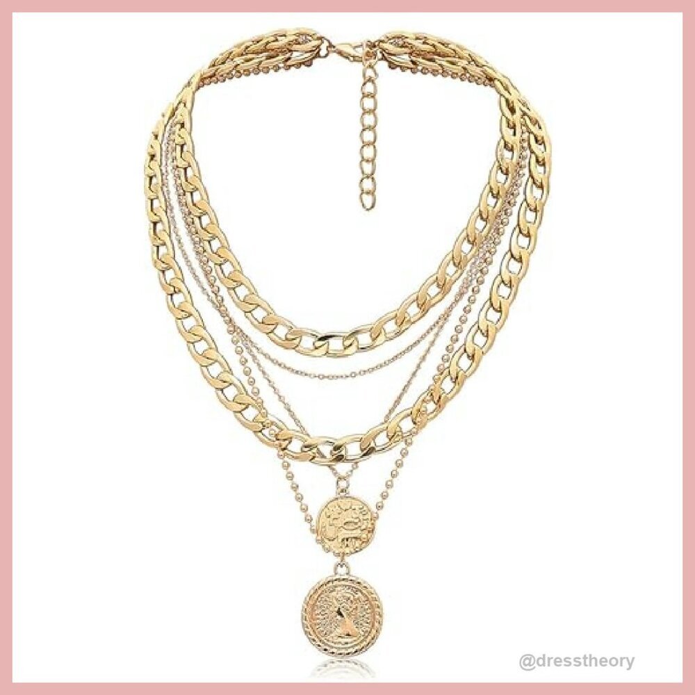 Layered Coin Pendant Necklace Set with Chunky Chain - Picture 2 of 8